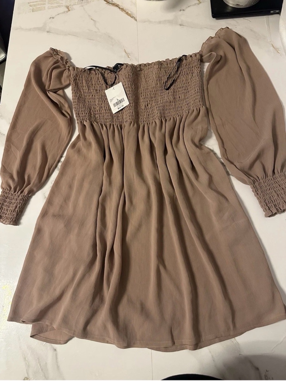 Forever 21 Taupe Off-Shoulder Smocked Waist Long Sleeve Dress